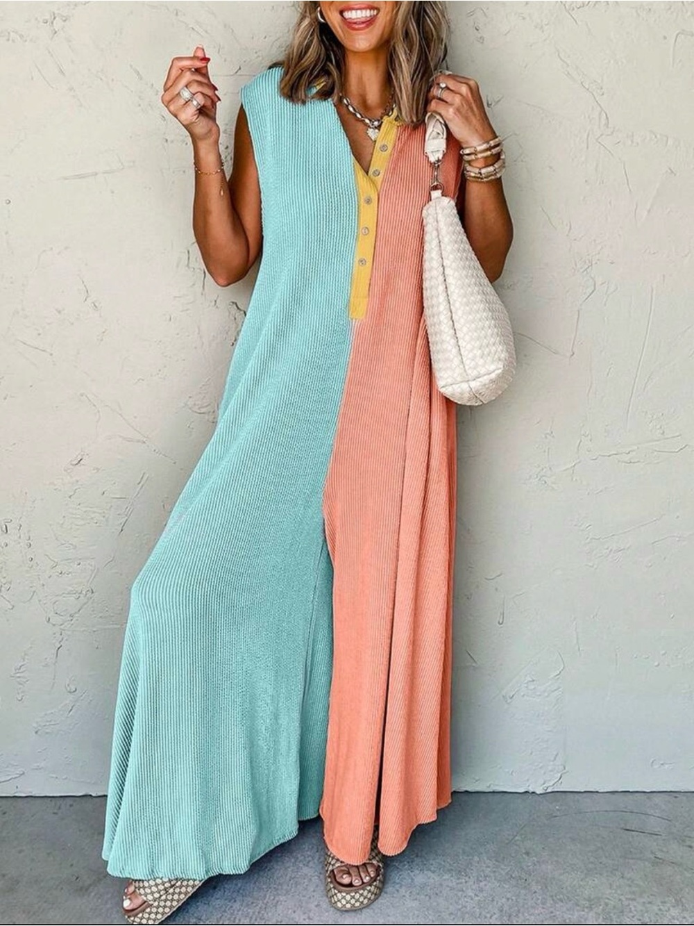 Two-Tone Sleeveless Maxi Dress in Mint & Peach with Yellow Trim
